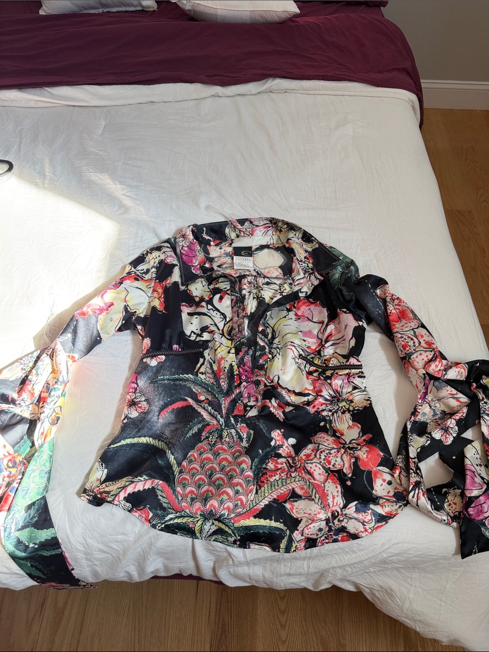 Roberto Cavalli Black Floral Satin Button-Front Blouse